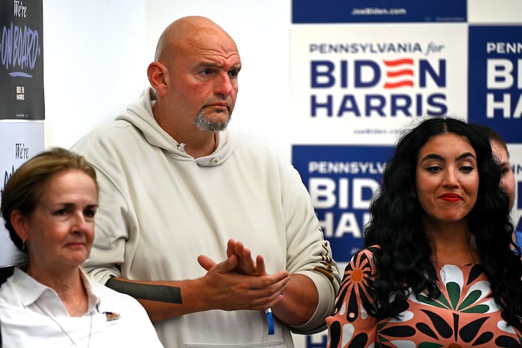 U.S. Sen. John Fetterman and his wife, Gisele Barreto Fetterman, at a Biden campaign event in Roxborough on July 7, 2024.