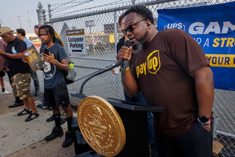 Richard Hooker Jr., union leader for Teamsters Local 623 organizes, speaks at a rally in front of UPS distribution center in South Philadelphia in 2023. The local union endorsed Vice President Kamala Harris for president in August.