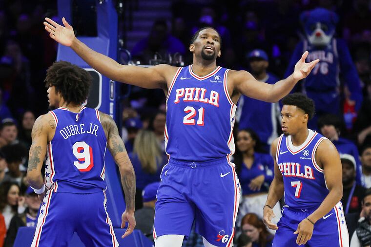 Sixers center Joel Embiid reacts to a foul called against him in the first half against the Oklahoma City Thunder on Tuesday.