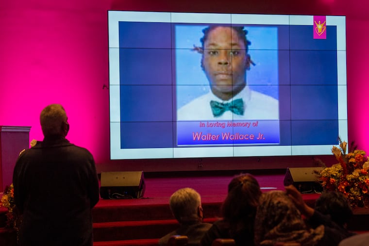 A photo of Walter Wallace Jr. projected at an emergency community meeting at the Church of the Christian Compassion in Cobbs Creek on Tuesday.