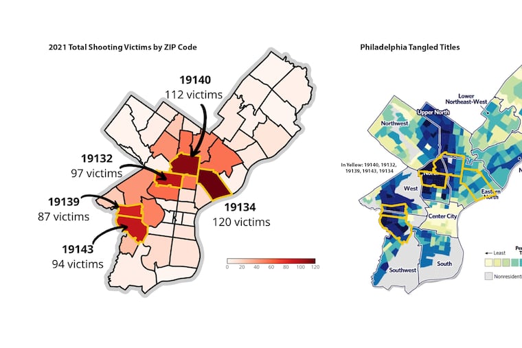 On the left is a map prepared by City Controller Rebecca Rhynhart's office showing which zip codes are most affected by gun violence. On the right is a map created by Register of Wills Tracey Gordon's office showing tangled titles.
