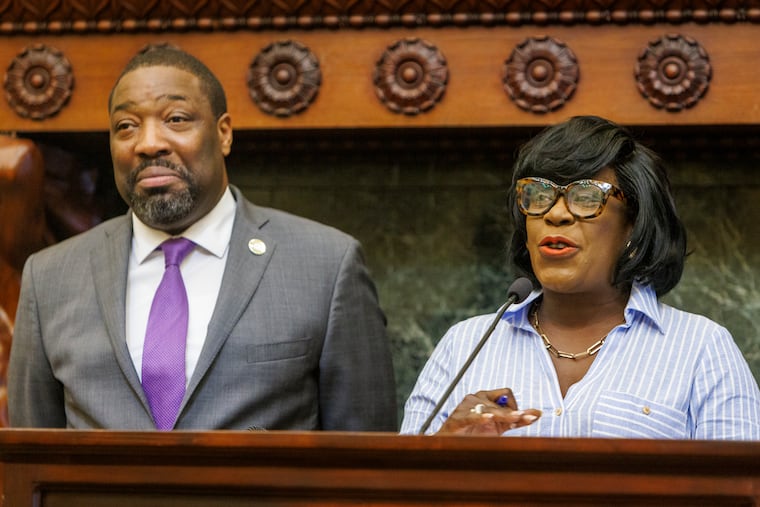 Philadelphia Mayor Cherelle Parker and council president Kenyatta Johnson at left during mayors press conference regarding her first budget in her reception room, Philadelphia City Hall on Thursday, June 6, 2024.